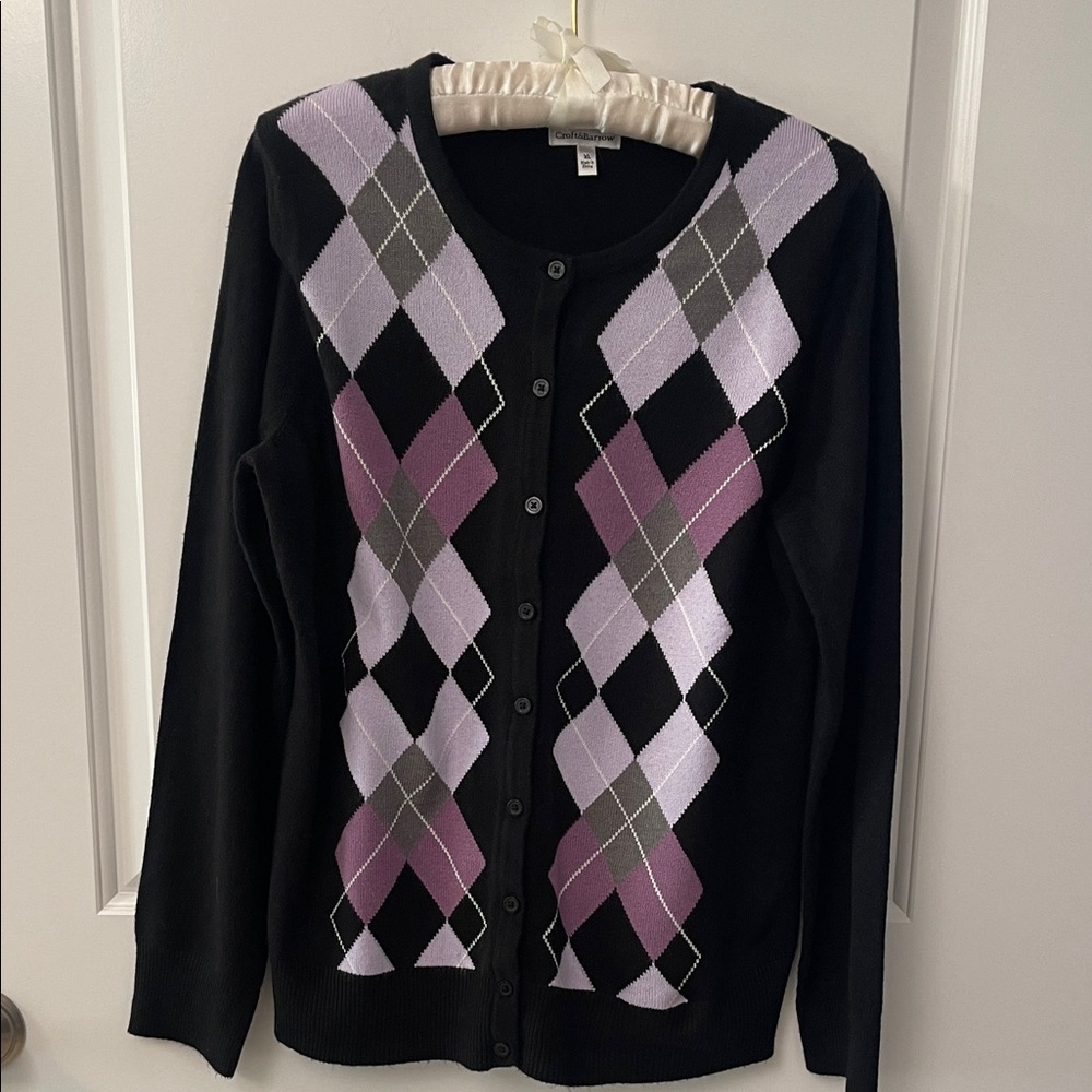Croft & Barrow Women's Argyle Cardigan - Black, Purple and Gray